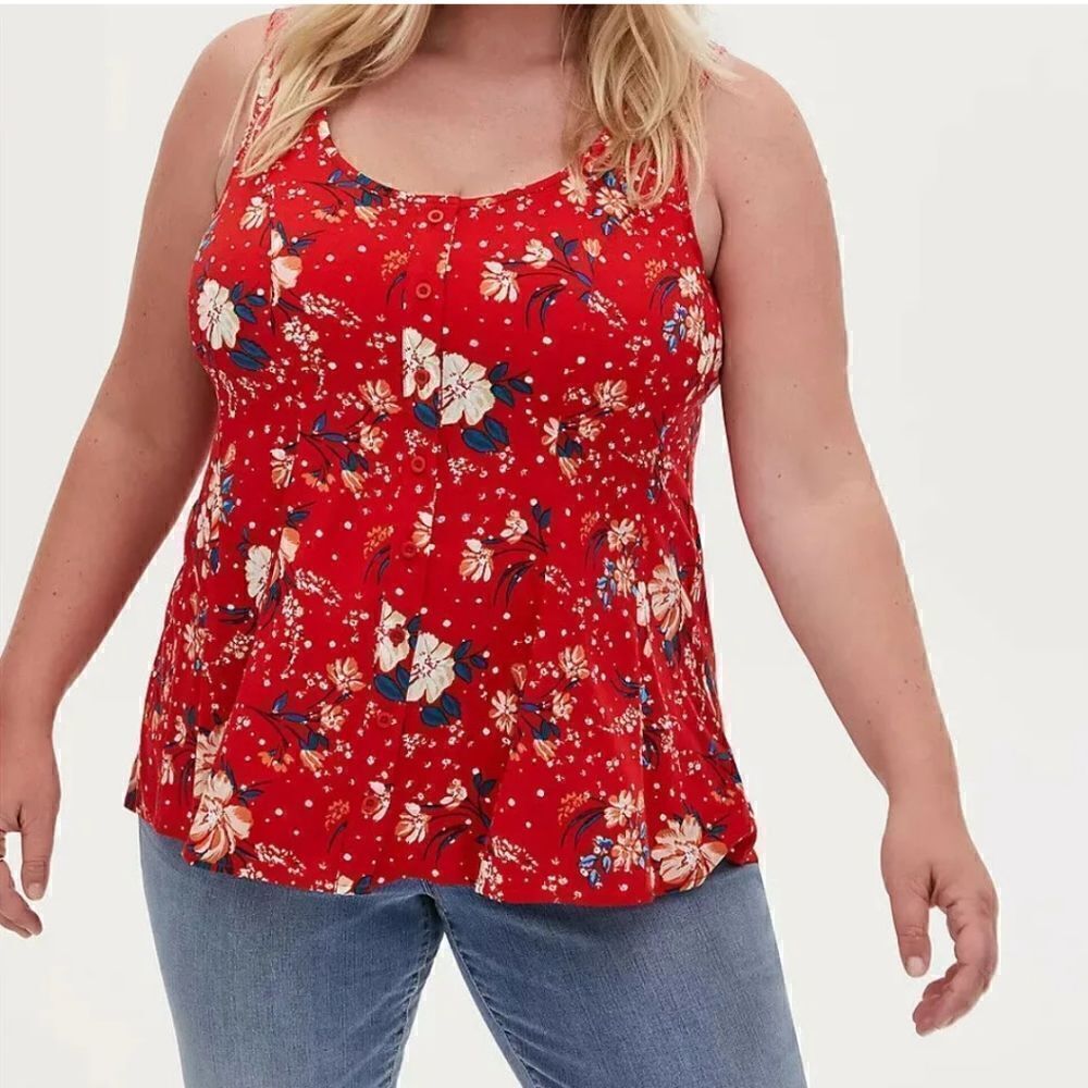 Torrid Challis Button Front Fit and Flare Tank Adjustable Straps Red Floral Sz 1 - Picture 2 of 7